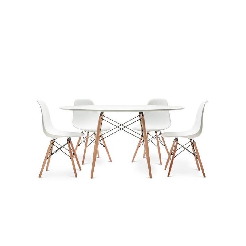 Conjunto Mesa Redonda 120 cm + 4 Sillas Eiffel Blancas